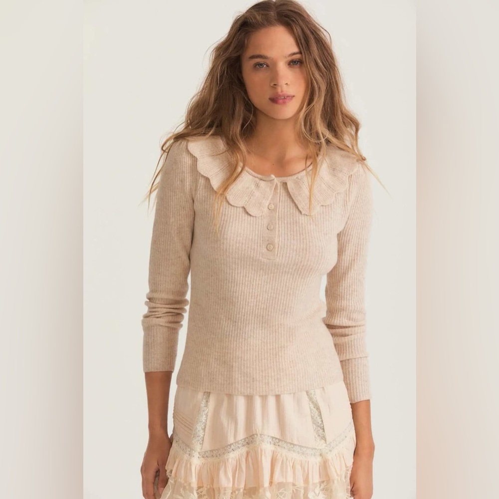 Love Shack Fancy Wheat Ribbed Knit Siella Pullover Sweater Size XS